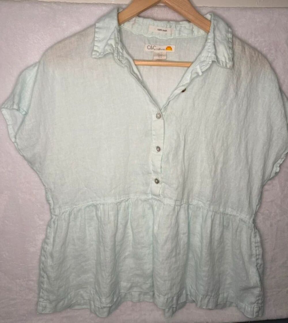 C&C California Women’s Medium 100% Linen Mint Green Peplum Button Front Blouse